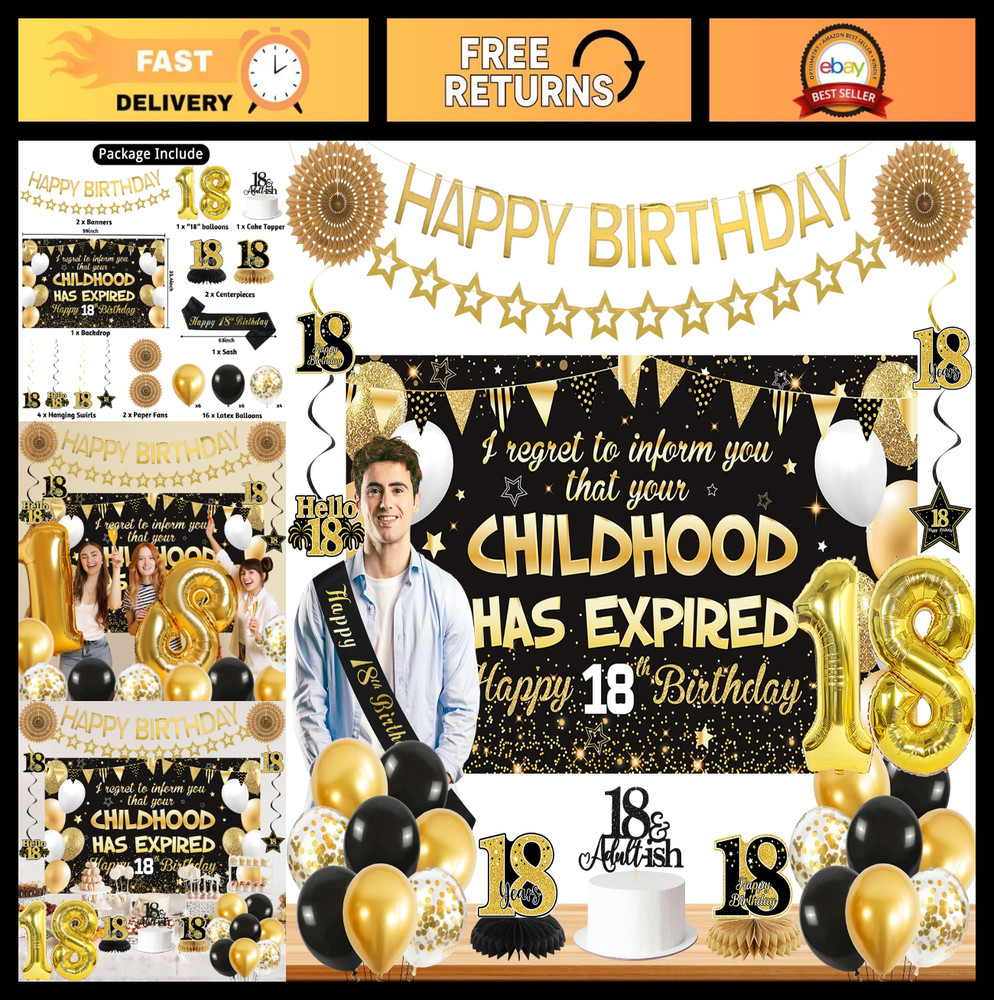 18th Birthday Party Supplies – Black Gold Banner, Sash, Balloons & Cake Topper