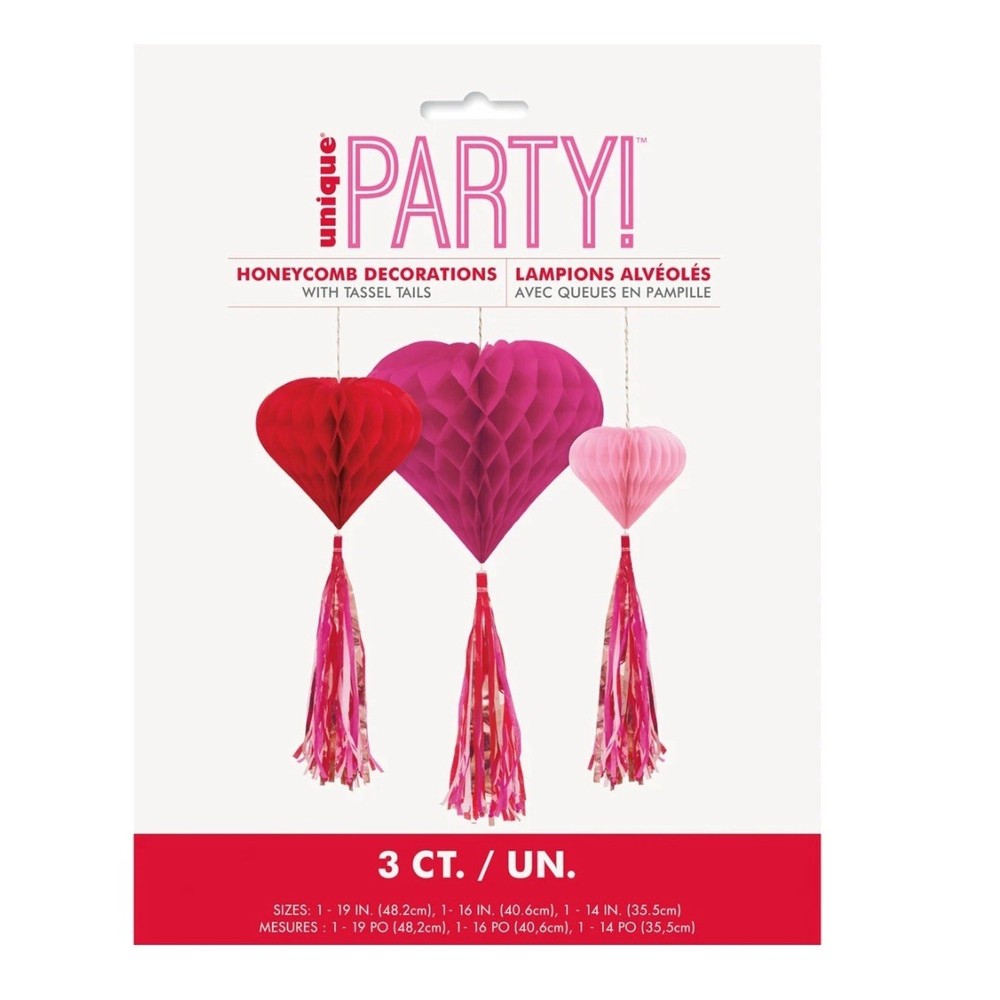 PINK AND RED HEART HONEYCOMB TASSEL DECORATION (PACK OF 3)