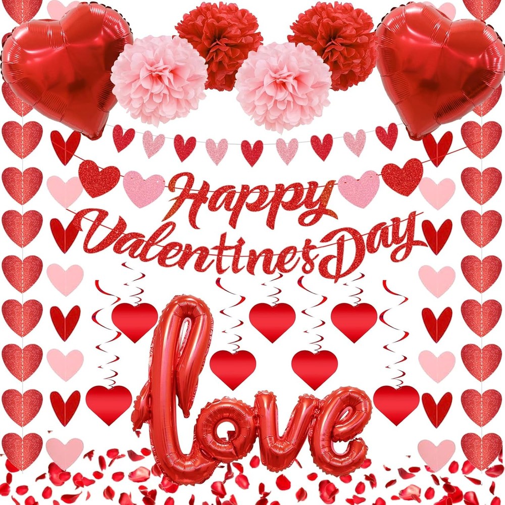 119Pcs Valentines Day Decorations Set, Office Hanging Heart Swirls, Red