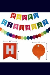 Happy Birthday Decoration Set, Banner, Multi-Color Balloons, Pom-Poms, Swirls