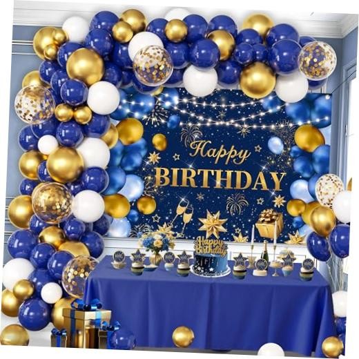 Blue and Gold Happy Birthday Decorations for Men,Birthday Banner, 70pcs