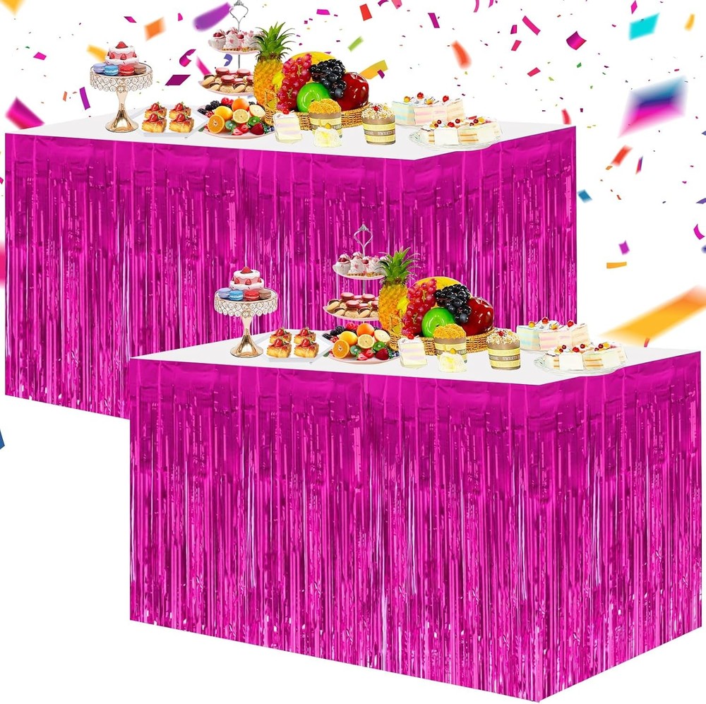 2 Pack Metallic Tinsel Foil Fringe Table Skirts for Rectangle & Round Tables Hot