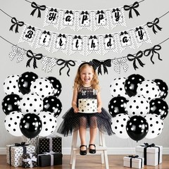 Bow Happy Banner Decorations,Cute Black and White Polka Dot Theme Brithday De…
