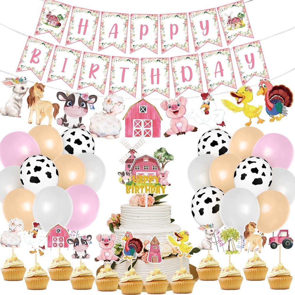 Hungdao 58 Pcs Farm Birthday Decorations Pink Barnyard Farm Animal Party Supp…