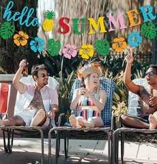 Glittery Hello Summer Banner Hawaiian Luau Tropical Themed Banner Colorful Su…