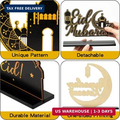 WATINC 4pcs Ramadan Kareem Wooden Table Topper Centerpiece Decorations, Happy Ei