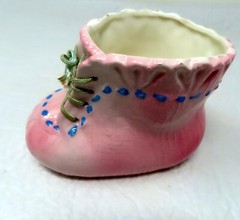Mid Century Early 60s Pink Shoelace Ceramic Glazed Baby Boot Planter 3.25″Tall