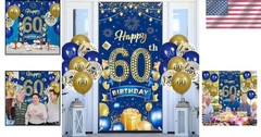 Complete 60th Birthday Decor – Navy Blue & Gold Banner with 18 Balloons Included