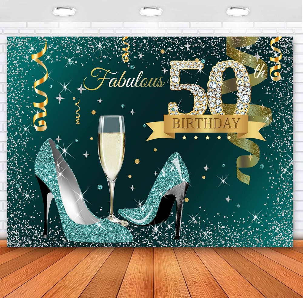 Teal Gold Happy 50Th Birthday Backdrop Glitter Silver Dots High Heels Champagne