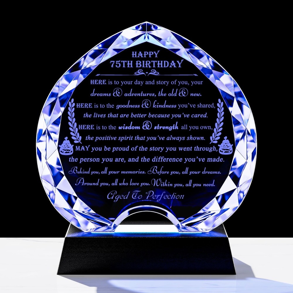 Personalized 75th Birthday Gift – LED Crystal Heart for Him & Her, Unique Ideas