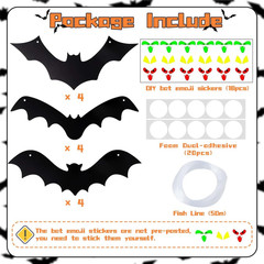 12PCS Halloween Hanging Bat Decorations with Glowing Eyes, Spooky Realistic Hall