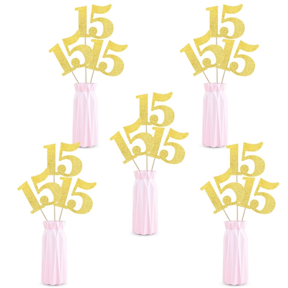 12 PCS Glitter 15th Birthday Centerpiece Sticks Number 15 Cake Toppers Gold