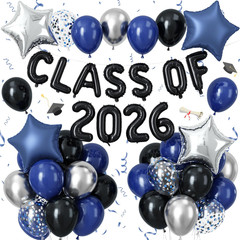 2026 Graduation Balloons Set, Black and Blue Silver Graduation Party Decorations