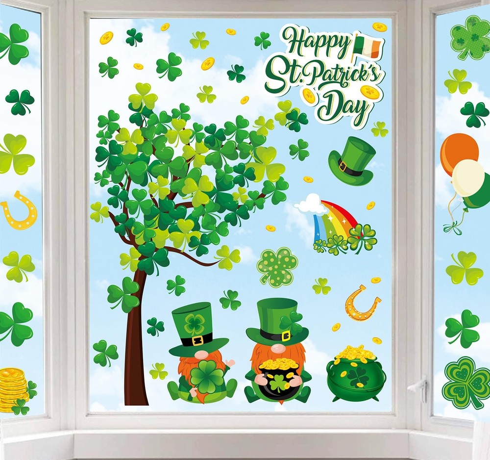 6 Sheets St. Patrick’s Day Window Clings Large Clover Tree Gnome Window Decals D
