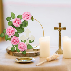48 Pcs Baptism Centerpieces for Tables, 12 Wooden Cross Floral Hoop with Roses D