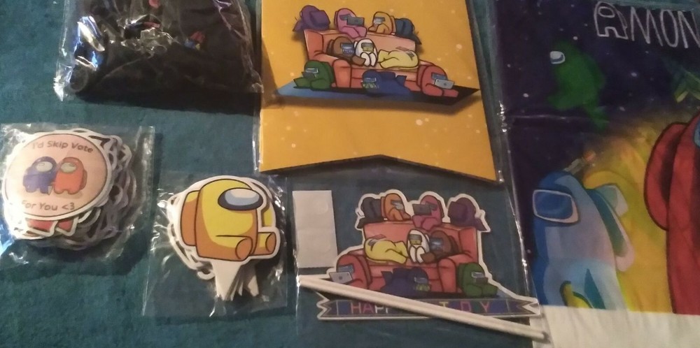 new AMONG US game BIRTHDAY PARTY SUPPLY LOT banner stickers balloons toppers