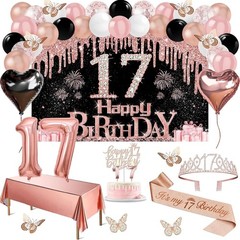 17th Birthday Decorations for Girls, 49pcs Black Rose Gold Black Banner, Tabl…