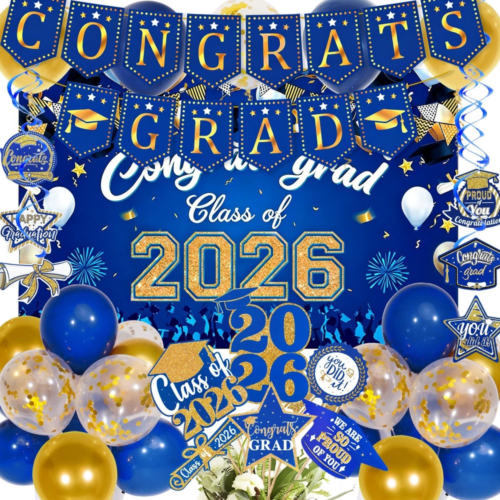 Blue Gold Graduation Decorations 2026 Congrats Grad Banner Cake Topper Balloons