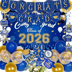 Blue Gold Graduation Decorations 2026 Congrats Grad Banner Cake Topper Balloons