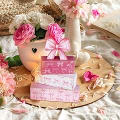 4 Pcs Pink Bow Party Decorations Coquette Table Decor Wooden Pink Bow Block S…