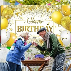 Happy Birthday Decorations Backdrop Banner for Men Women Boys White and Gold
