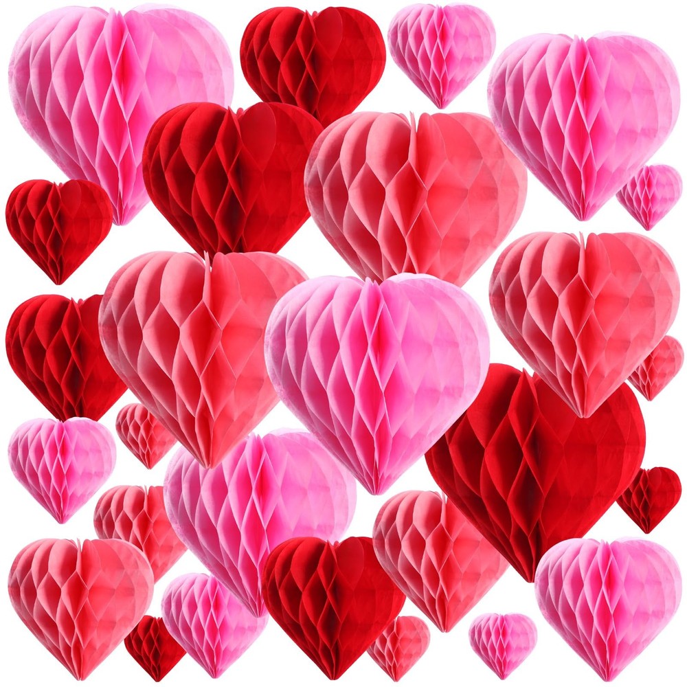 60 PCS Heart Honeycomb Party Decorations Red Pink White Tissue Paper Pom Poms