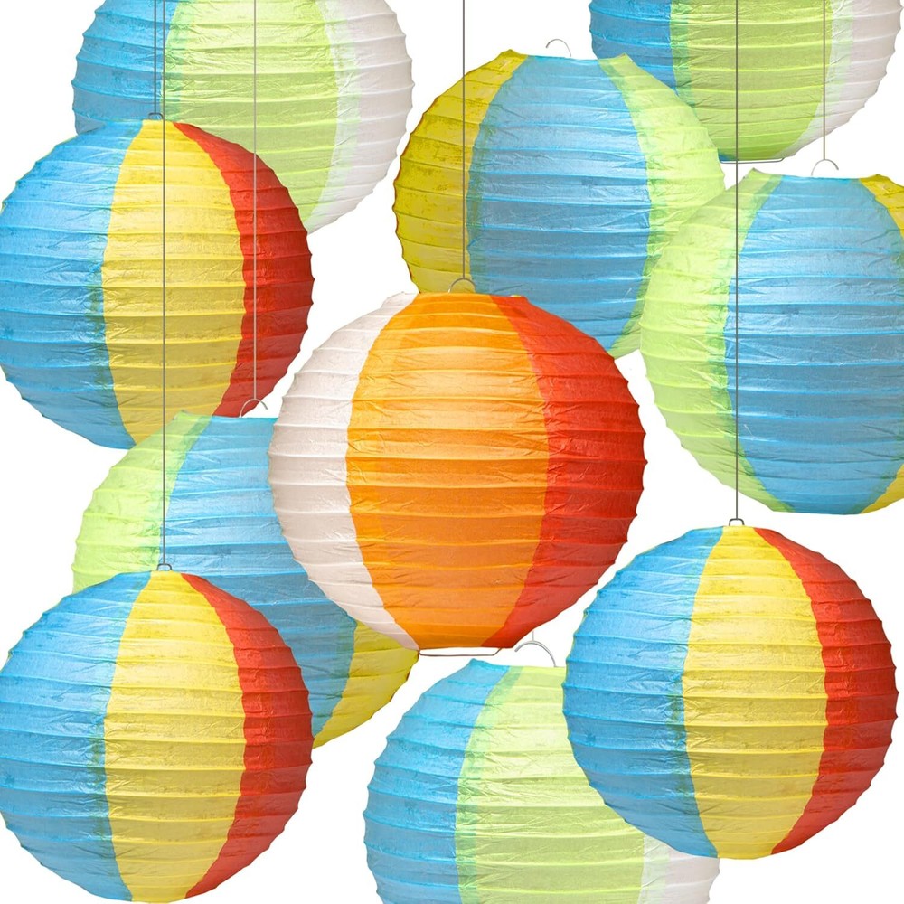 10 Pack Rainbow Color Hanging Paper Lanterns – 8″ Beach Ball Style Decorations