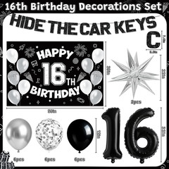 16Th Birthday Party Decorations for Boys, Black White 16Th Party Supplies with H