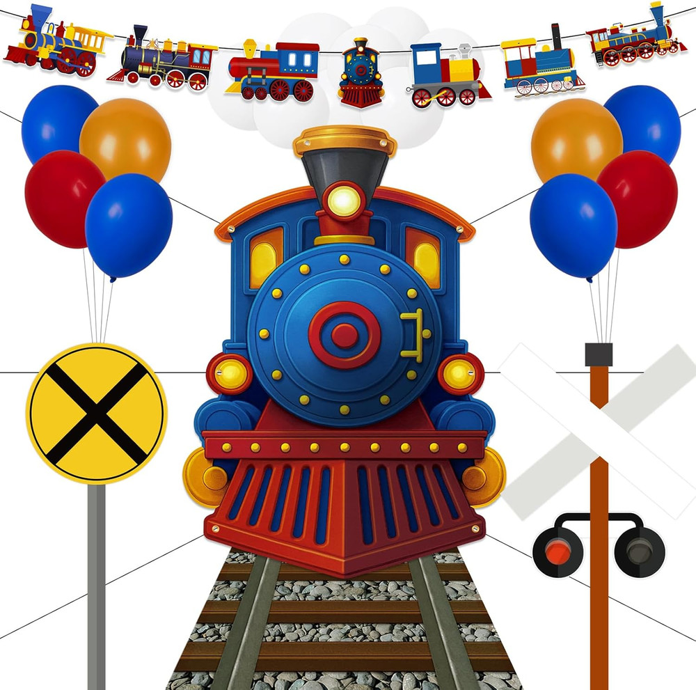 27 Pcs Train Party Decorations Railroad Runner Track Banner Backdrop Balloon for