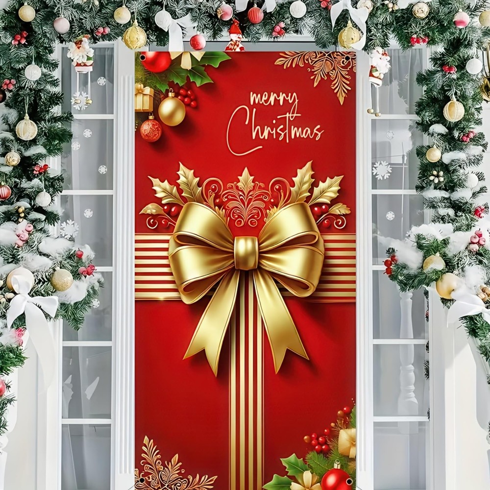 Merry Christmas Decorations Ornaments Gift Bow Door Cover Xmas Winter 71″x35″