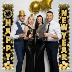 2026 Happy New Year Banner with String Lights, 72×12 Inch Large Front Door Po…