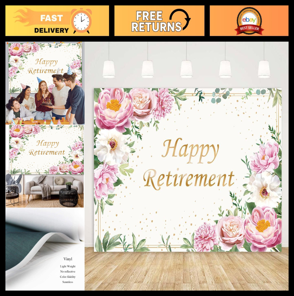 10x7ft Happy Retirement Backdrop – Pink Rose Gold Dots, Floral Greenery Decor, P