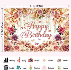 Rose Flower Happy Birthday Backdrop Banner Rose Gold Pink Flowery Birthday Pa…