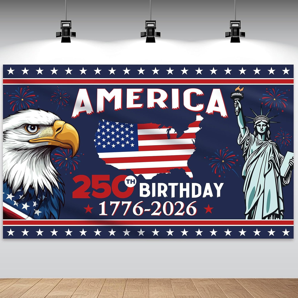 250th American Birthday Banner, 3.6×6 Ft Independence Day Backdrop Decor