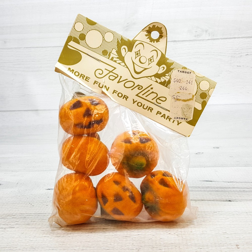 Vintage 1961 Favorline Honeycomb Flocked Pumpkins Halloween Sealed 6pc Japan