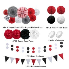 23Pcs Red Black Party Decorations with Hanging Fans Honeycomb Balls