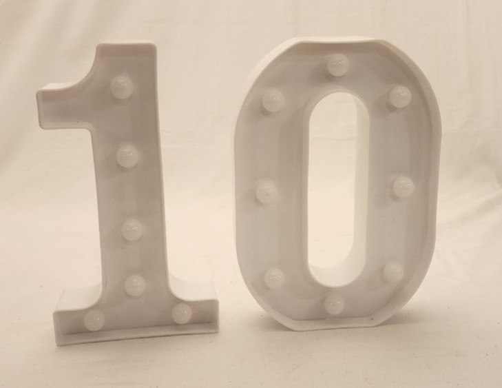 Pooqla – 10th Birthday or Anniversary Decoration- light up Number 10- White