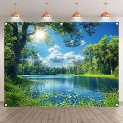 Fabric 8x6ft Lake Natural Scenery Backdrop River Forest Tree Blue Sky Bokeh