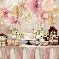 Boho Baby Shower Decorations – Blush Pink & Beige Banner, Lanterns, Streamers, P