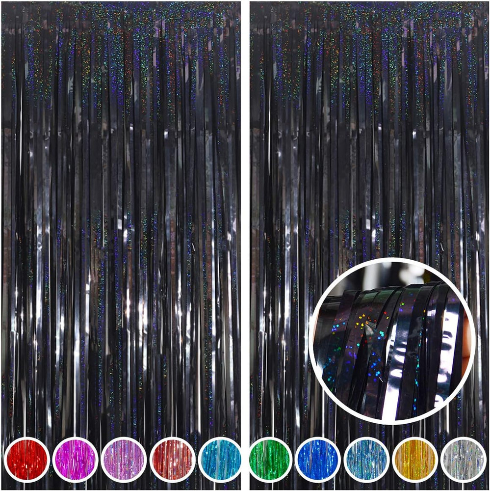 2pcs 3.2’x8.2′ Halloween Party Decorations Tinsel Backdrop Streamers, Black Foil