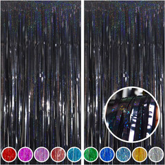 2pcs 3.2’x8.2′ Halloween Party Decorations Tinsel Backdrop Streamers, Black Foil