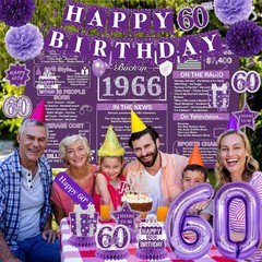 Purple 60Th Birthday Decorations for Women – Back in 1966 Backdrop, Banner, Swir
