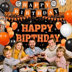 48pcs Orange Decorations, Orange Black Happy Banner for Men with Backdrop Bal…