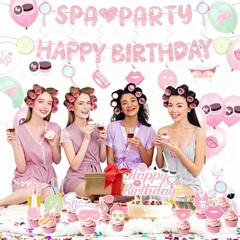 Pink Spa Birthday Party Decorations,Kit With Banner, Balloons, Cake Topper