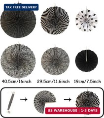 ZERODECO Party Decoration, 21 Pcs Black and Gold Hanging Paper Fans, Pom Poms Fl