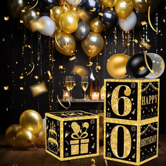60Th Birthday Decorations Boxes for Men- 3PCS Black Gold Happy 60Th Birthday Bal