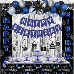 Blue & Black Birthday Party Decorations – Balloons, Banner, Tablecover, Fringe C