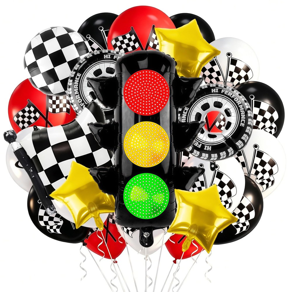 Race Car Balloons with Traffic Light Tire Checkered Flag Star Foil Balloons
