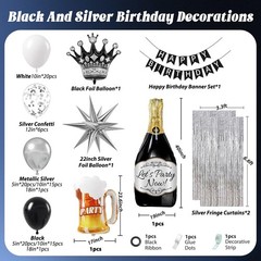 Black and Silver Birthday Party Decorations, Black Silver White Foil Balloons…