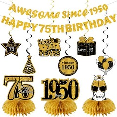 11Pcs 75th Birthday Decorations Kit for Men Women, Black Gold Happy 75th Birt…